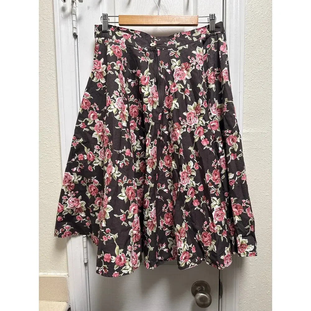Hell Bunny Vixen Brown Rose Print A Line Swing Midi Rosie Skirt Size Large